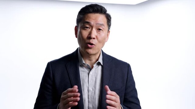 Asian man in business suit speaking.