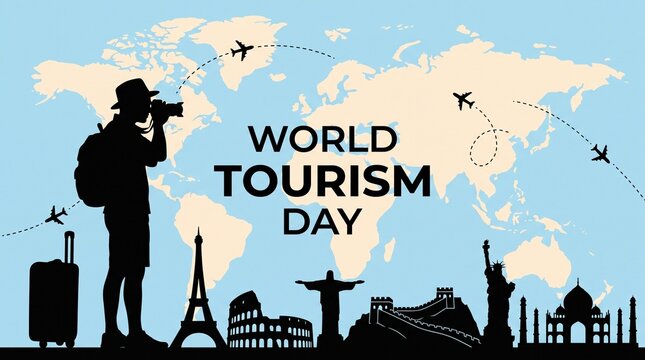 World tourism day celebrated with traveler silhouette famous landmarks and airplanes on world map background.