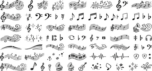Music notes wave. collection. Elegant swirling compositions for music posters. Vector © gavi
