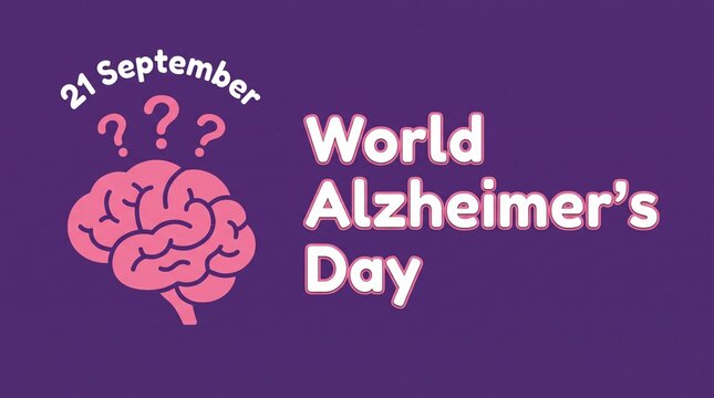 Creative world alzheimers day graphic design with pink brain and question marks on dark purple background for memory loss awareness.