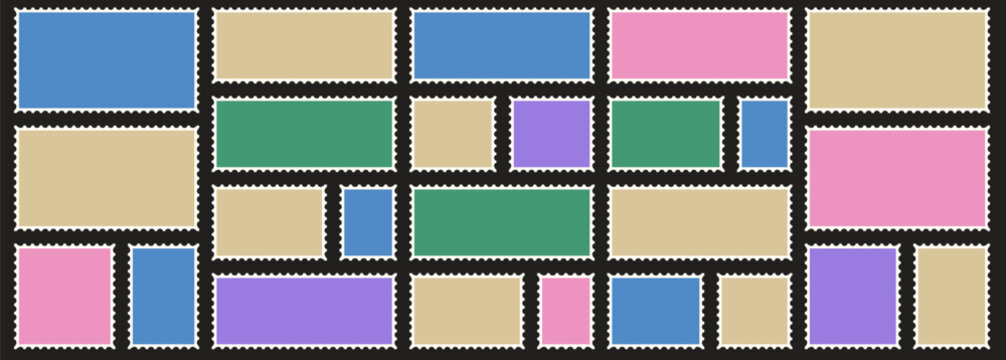 Frame and stamp collection with scalloped rectangles in varied compact proportions. Blue green violet and beige stamp shapes. Retro vector frame set for notebook cover design isolated