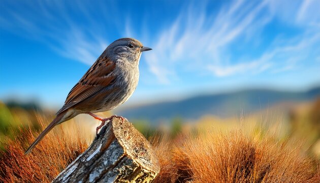 Small Songbird Dunnock Prunella Modularis On A Stump Blurred Woodland Background Perched On Branch In Natural Setting Autumn Grass Against A Clear Blue Sky Background