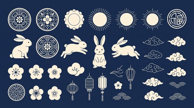 Mid autumn festival element set, rabbits, clouds, sun, flowers, and lanterns in traditional asian style.