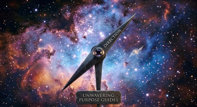 Compass points towards direction in a starry galaxy backdrop