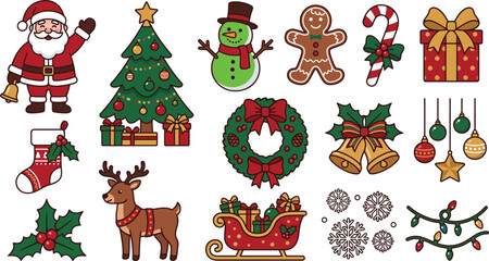 Fototapeta premium Christmas holiday flat lay with festive decorations and gifts. Vector illustration of winter celebration elements on white background.