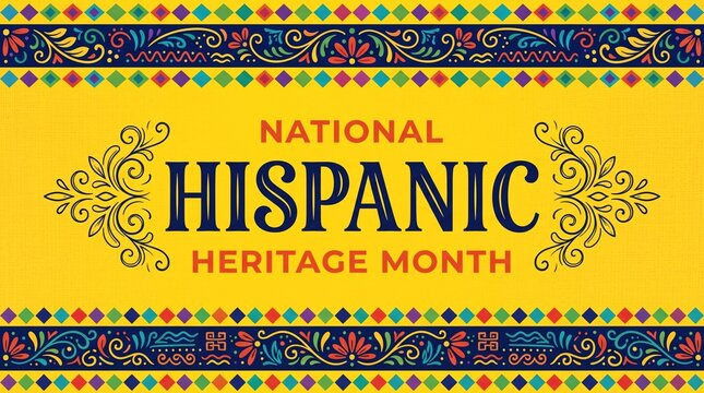 National hispanic heritage month vector illustration with vibrant folk art pattern and decorative elements on yellow.
