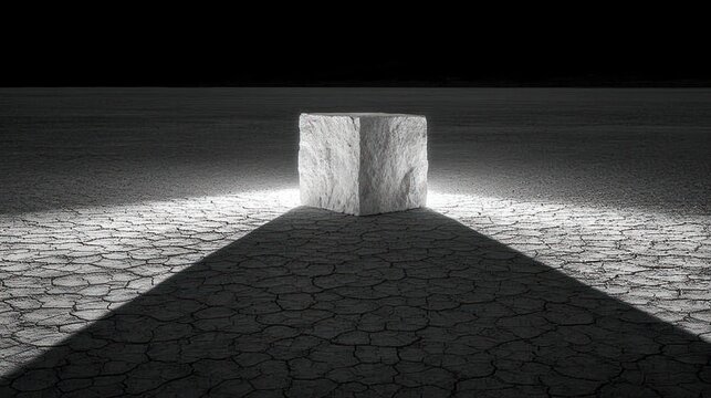Stark grayscale cube on cracked earth, illuminated by dual spotlights, casting a long shadow