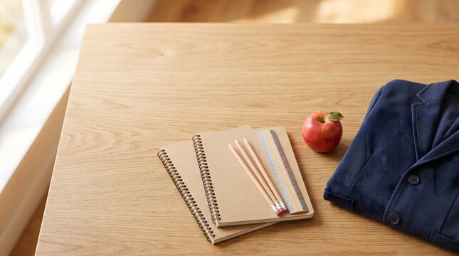 Wooden Desk With Notebooks Pencils And Fresh Apple