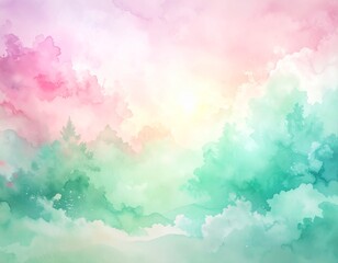 Fototapeta premium Pastel pink to mint green watercolor gradient wash with soft paper texture