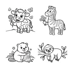 Obraz premium Cute cartoon cow butterfly flower grass vector illustration coloring book.