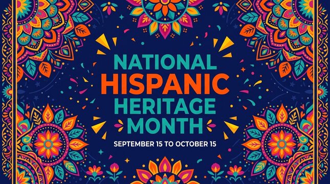 National hispanic heritage month background featuring colorful floral mandalas and decorative borders on dark blue textured base.
