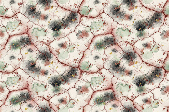 Abstract pattern featuring red vein like lines spreading across a textured off white surface with dark grey and green watercolor paint splashes