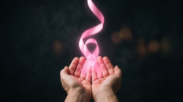 Cupped hands supporting glowing pink ribbon symbolizing awareness and hope against dark blurred background