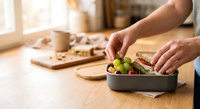 Preparing Healthy School Lunch Box with Sandwich and Fresh Fruit for Back to School Routine