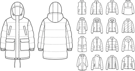 Fashion Flat Sketch Vector Set of Puffer Jackets and Winter Outerwear Outlines © Boby