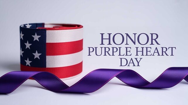 Purple ribbon and American flag fabric roll displayed on white background to honor veterans during special national memorial holiday observance