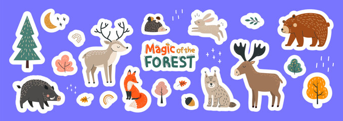 Obraz premium Cute woodland animal sticker set deer, moose, bear, fox, wild boar, hare, lynx, trees, leaves, mushrooms, and forest elements in a playful hand drawn cartoon style for, planners, scrapbooking, Vector