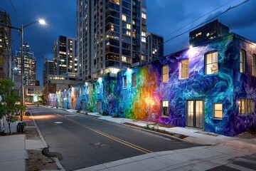 Fototapeta premium Colorful mural on a brick building at dusk