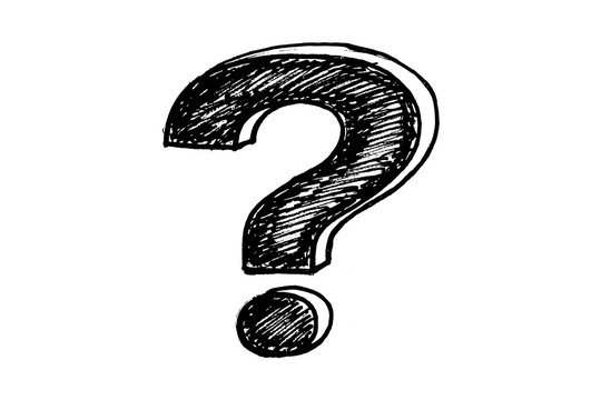 Hand drawn question mark isolated on white. Sketch style ink illustration of a query symbol.
