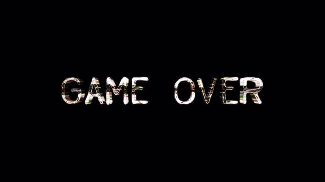 Loop Game Over silver text shine glitch effect light motion animation title on black abstract background. Promote advertising concept isolate using QuickTime Alpha Channel proress 444