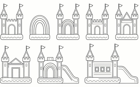 Inflatable bouncy castle vector icon set featuring bounce house play structures with towers slides and flags in thin line style