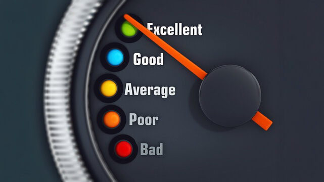 Excellency levels speedmeter with the needle pointing excellent. 3D illustration