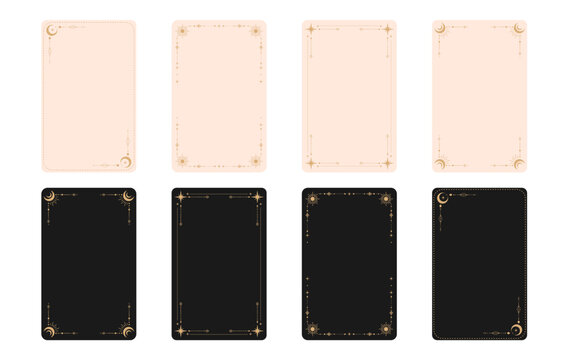 Mystical tarot card templates set with elegant moon stars celestial borders and magical symbols on black and beige backgrounds vector illustration for tarot decks, oracle cards, playing cards