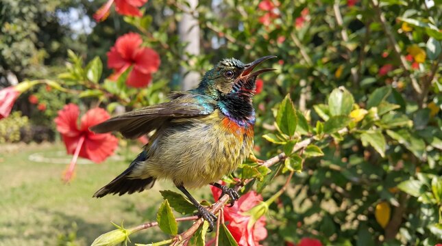 Colorful sunbird perched on branch with red hibiscus flowers in garden