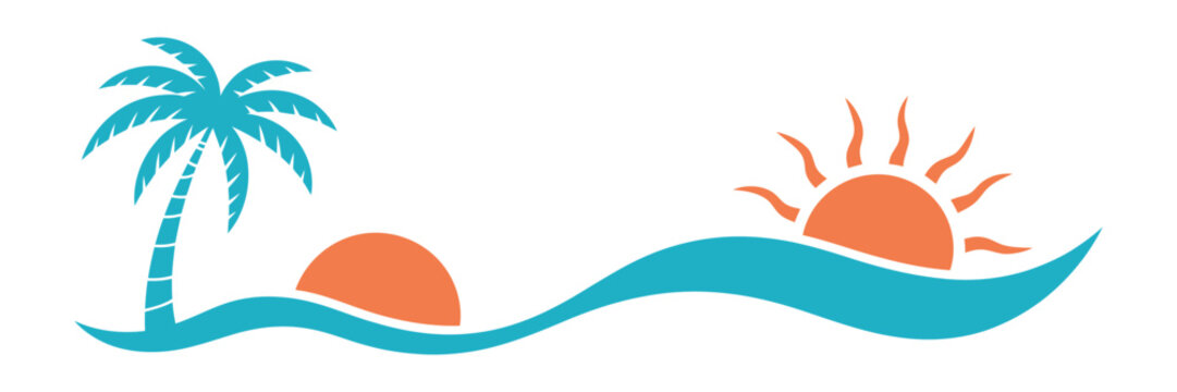 Tropical beach logo representing Ocean Wave, Sunset, Palm Tree, Island Paradise and Tropical Summer Vector Illustration
