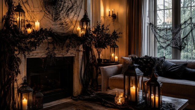 Elegant Halloween living room with candlelight spooky decorations and gothic seasonal home interior