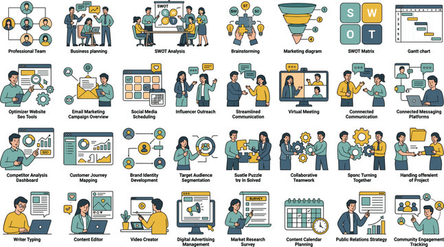 Flat vector corporate business strategy illustration collection . SWOT matrix, Gantt chart, brainstorming team, virtual meeting, digital marketing campaign overview, white background .