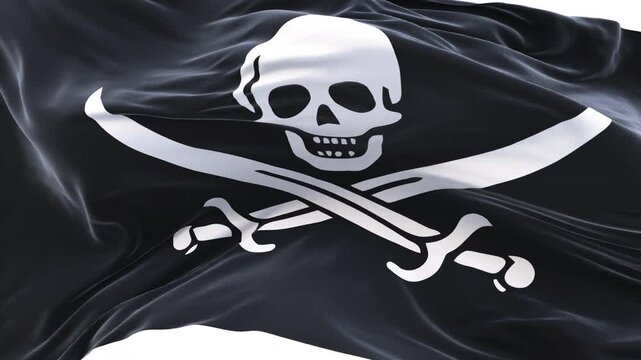 Pirate flag waving and swirling, looping Close-up camera angle with transparent background, with alpha matte layer for transparency in the background.