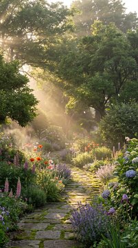 Sunlit stone path winding through lush garden with colorful flowers and morning mist