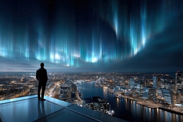 Fototapeta premium Man on rooftop observes aurora borealis over city