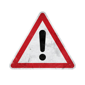 Exclamation mark warning sign. Grunge triangular caution symbol isolated on white background.