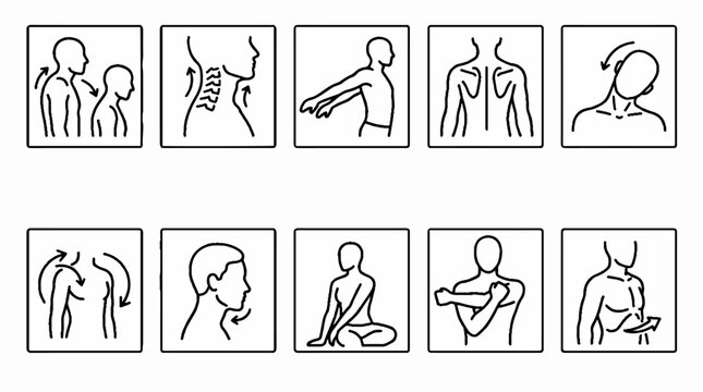 A set of ten line art icons illustrating various physical stretching and neck exercises.