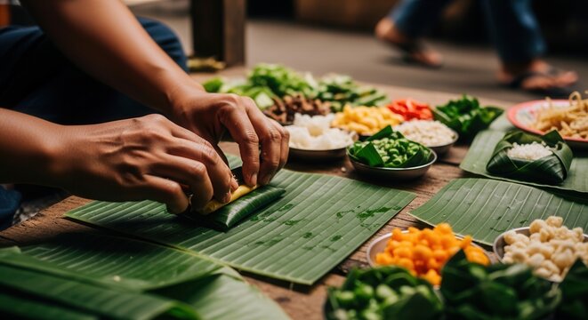 Hands preparing traditional food wrapped in banana leaves, fresh ingredients scattered