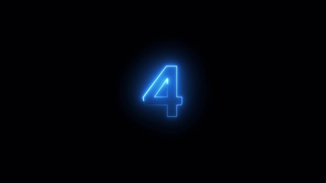Glowing neon number 4 isolated on dark background, 3D blue illuminated digital number animation for countdown, leader, top rank, or anniversary glowing loop  mathmetical number from 0 to 10 with 4k .