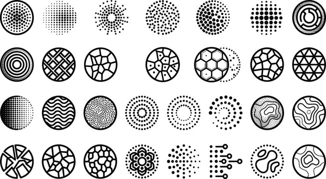 Abstract Circular Pattern and Halftone Texture Icon Set with Black Geometric Shapes for Graphic Design and Background Elements