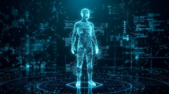 Luminous wireframe human figure stands centrally within a dark futuristic digital interface, showcasing advanced technology for commercial usage.