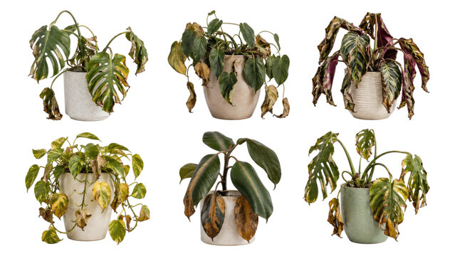 Six wilted potted houseplants with yellowing and browning leaves in ceramic pots on a transparent background