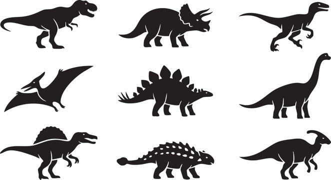 Dinosaur collection of black vector silhouettes, t rex, jurassic, prehistoric, animal, icon