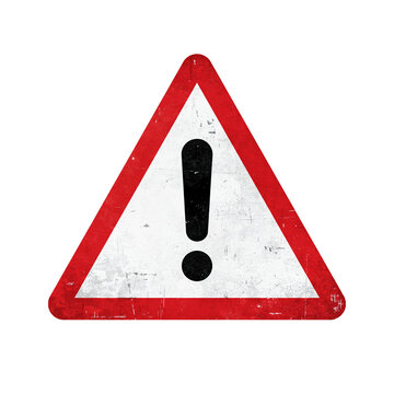 Exclamation mark warning sign. Grunge triangular caution icon isolated on white background.