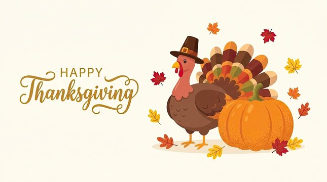 Happy thanksgiving greeting card design featuring cartoon turkey and pumpkin thanksgiving celebration greeting seasonal illustration vegetable tradition november character