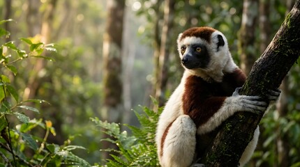 Fototapeta premium Verreaux sifaka lemur clinging to tree branch in forest