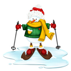 Winter illustration of a snowman on skis on a transparent background. Ideal for wrapping paper, wallpaper, fabric, texture and other print. Celebrating the New Year and Christmas.