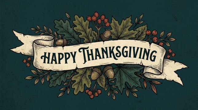 Vintage hand drawn happy thanksgiving banner with acorns and oak leaves thanksgiving typography illustration celebration seasonal botanical gratitude november decoration