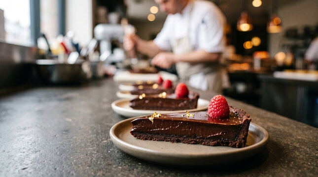 Chef Plating Gourmet Chocolate Dessert in Restaurant Kitchen