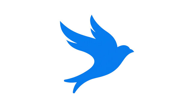 Minimalist blue bird silhouette in flight, soaring avian icon on white background, simple bird graphic for nature and freedom concepts