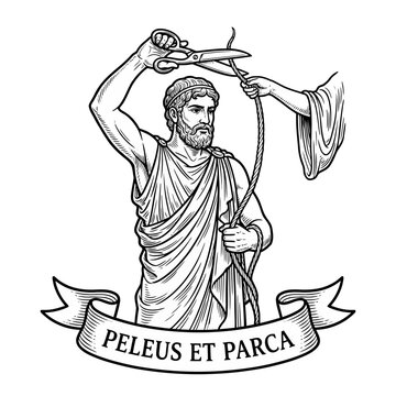 Peleus and Parca fate thread cutting scene engraving.